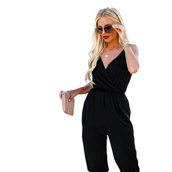 Kelly Renee Jet Black Wrap Sexy VNeck Spaghetti Halter Top Jumpsuit Romper M - Picture 1 of 13